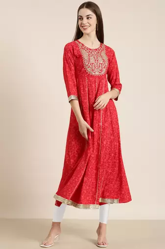 women's ankle length round neck red floral anarkali kurta