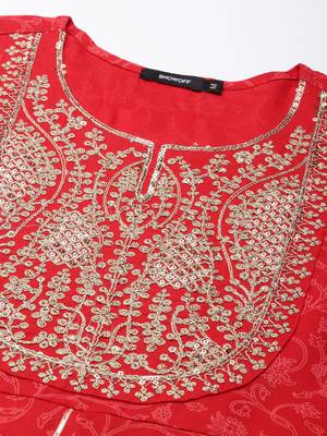women's ankle length round neck red floral anarkali kurta 3