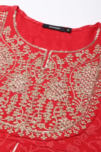 women's ankle length round neck red floral anarkali kurta