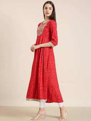 women's ankle length round neck red floral anarkali kurta 4
