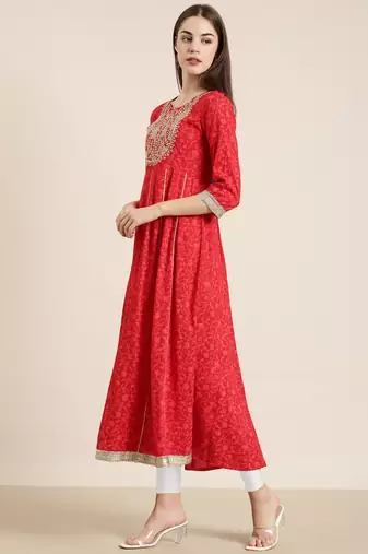 women's ankle length round neck red floral anarkali kurta