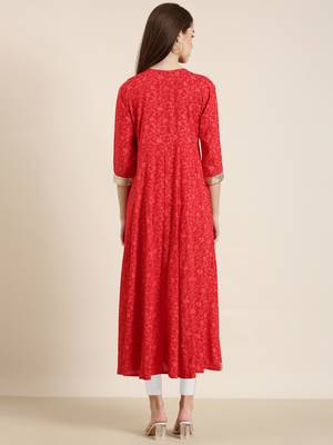 women's ankle length round neck red floral anarkali kurta 5