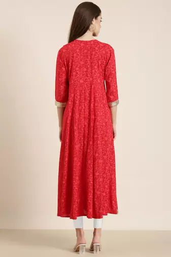 women's ankle length round neck red floral anarkali kurta