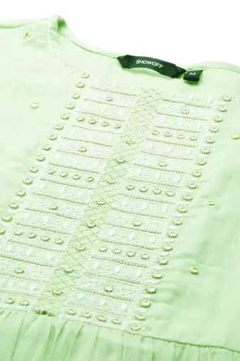 Showoff women's ankle length round neck green solid anarkali kurta
