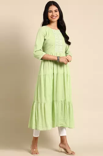 Showoff women's ankle length round neck green solid anarkali kurta