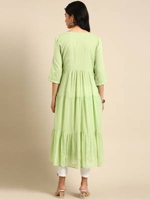 Showoff women's ankle length round neck green solid anarkali kurta 5