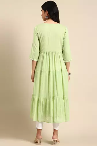 Showoff women's ankle length round neck green solid anarkali kurta