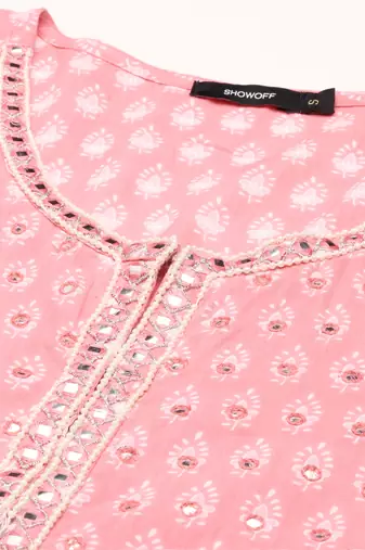 women's ankle length round neck pink embellished anarkali kurta comes with duppatta