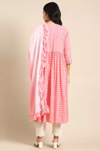 women's ankle length round neck pink embellished anarkali kurta comes with duppatta