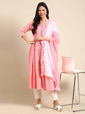 women's ankle length round neck pink embellished anarkali kurta comes with duppatta 4