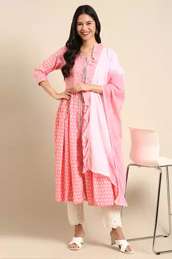 women's ankle length round neck pink embellished anarkali kurta comes with duppatta