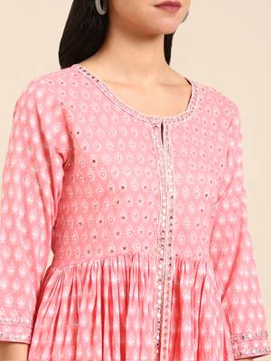 women's ankle length round neck pink embellished anarkali kurta comes with duppatta 5