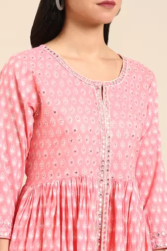 women's ankle length round neck pink embellished anarkali kurta comes with duppatta