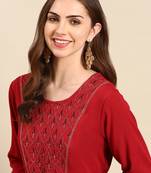 women's ankle length scoop neck maroon solid anarkali kurta