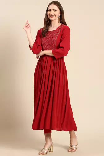 women's ankle length scoop neck maroon solid anarkali kurta