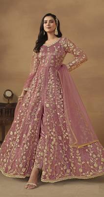Pink embroidered butterfly net semi stitched anarkali suit 1