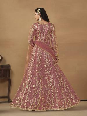 Pink embroidered butterfly net semi stitched anarkali suit 3
