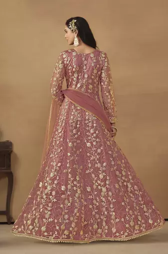 Pink embroidered butterfly net anarkali suit