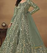 Light green embroidered butterfly net semi stitched anarkali suit