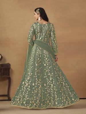 Light green embroidered butterfly net semi stitched anarkali suit 2