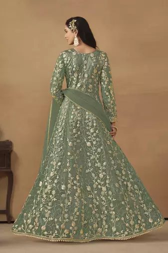 Light green embroidered butterfly net anarkali suit
