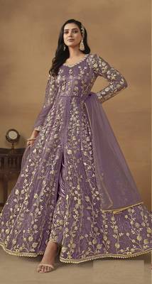 Purple embroidered butterfly net semi stitched anarkali suit 1