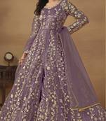 Purple embroidered butterfly net semi stitched anarkali suit