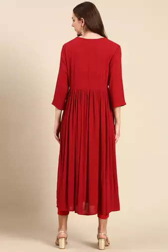 women's ankle length scoop neck maroon solid anarkali kurta
