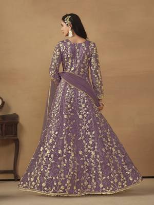 Purple embroidered butterfly net semi stitched anarkali suit 2