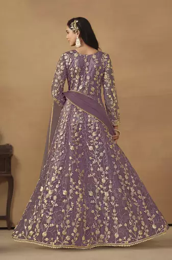 Purple embroidered butterfly net anarkali suit