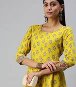 women's ankle length round neck yellow floral anarkali kurta