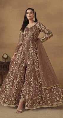 Brown embroidered butterfly net semi stitched anarkali suit 1