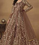 Brown embroidered butterfly net semi stitched anarkali suit
