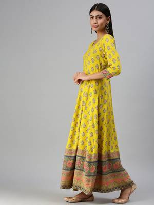 women's ankle length round neck yellow floral anarkali kurta 2