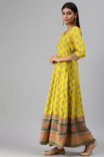 women's ankle length round neck yellow floral anarkali kurta