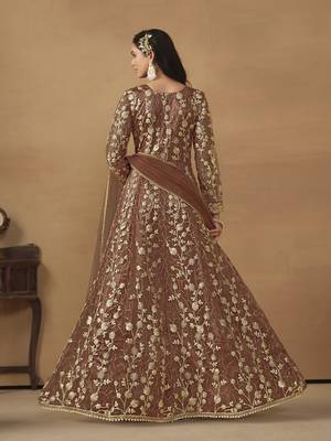 Brown embroidered butterfly net semi stitched anarkali suit 3