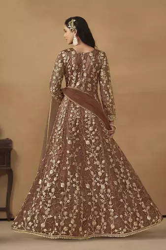 Brown embroidered butterfly net anarkali suit