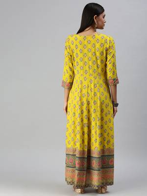 women's ankle length round neck yellow floral anarkali kurta 3