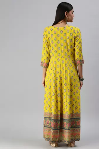 women's ankle length round neck yellow floral anarkali kurta
