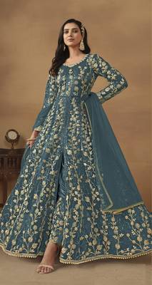 Dark grey embroidered butterfly net semi stitched anarkali suit 1