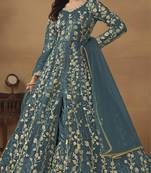 Dark grey embroidered butterfly net semi stitched anarkali suit