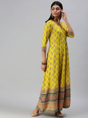women's ankle length round neck yellow floral anarkali kurta 4