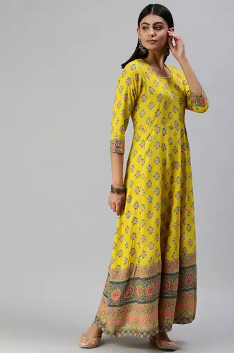 women's ankle length round neck yellow floral anarkali kurta