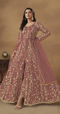 Peach embroidered butterfly net semi stitched anarkali suit 1