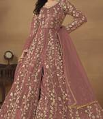 Peach embroidered butterfly net semi stitched anarkali suit