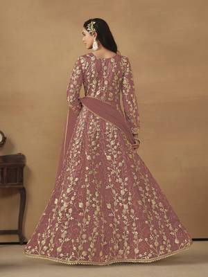 Peach embroidered butterfly net semi stitched anarkali suit 2
