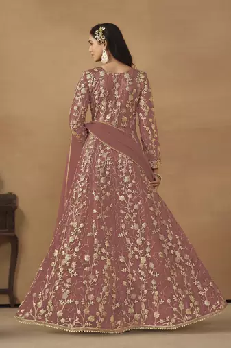 Peach embroidered butterfly net anarkali suit
