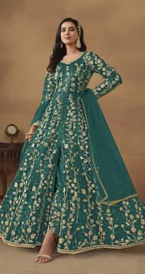 Teal embroidered butterfly net semi stitched anarkali suit 1