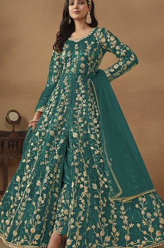 Teal embroidered butterfly net semi stitched anarkali suit