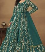Teal embroidered butterfly net semi stitched anarkali suit